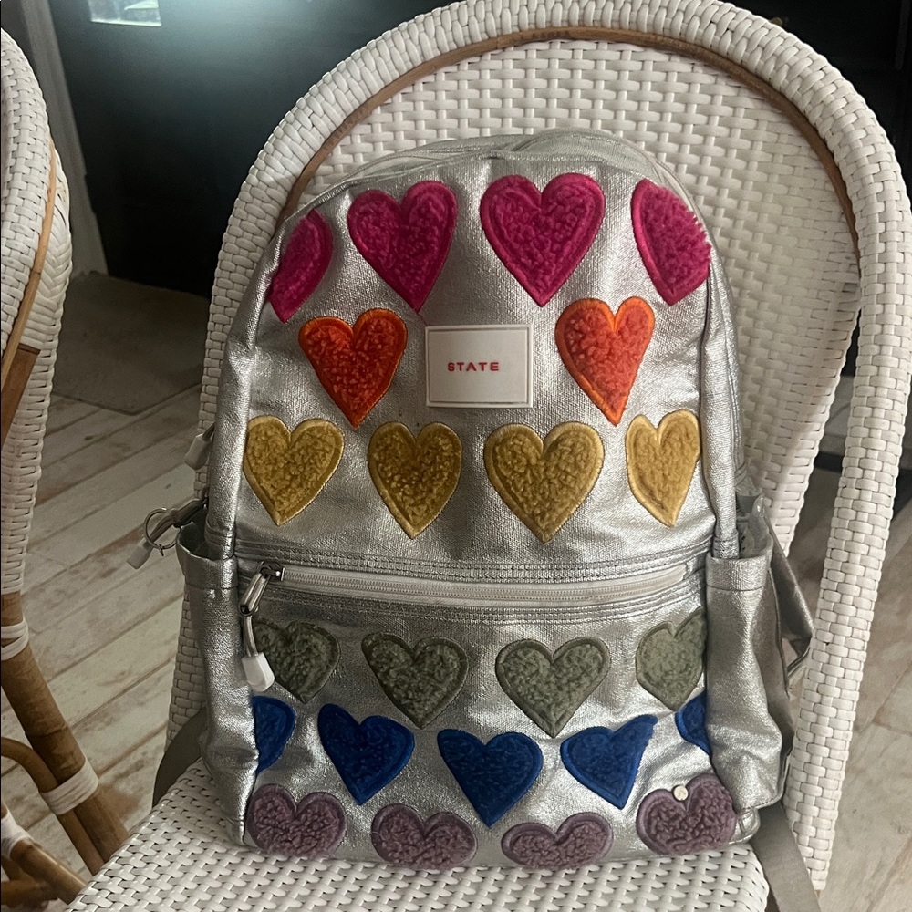 STATE Silver Backpack with Multicolor Heart Accents